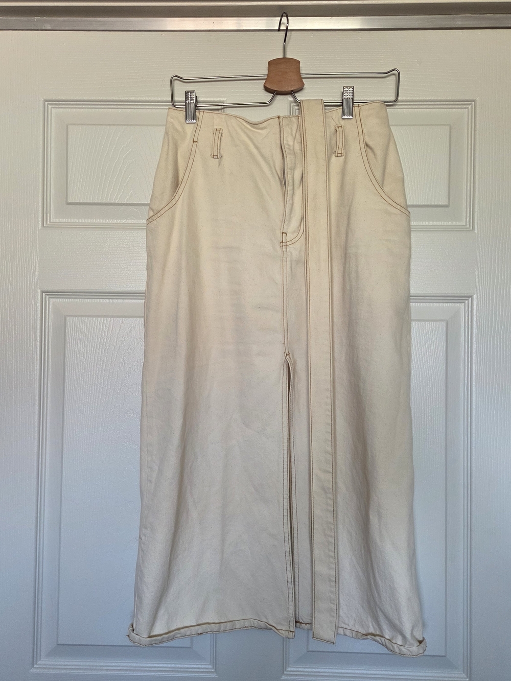 Sz 4 I Antonio Melani Briella Belted Denim Midi Skirt In Ecru Front Slit Neutral